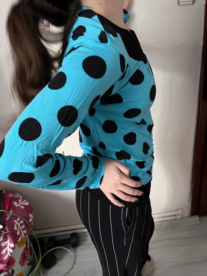 Vintage Mavi Puantiyeli Uzun Kollu Bluz - Görsel 3