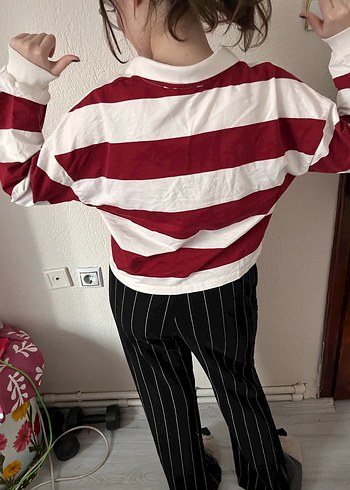 Koyu Kırmızı Çizgili V Yaka Pamuklu sweatshirt - Görsel 3