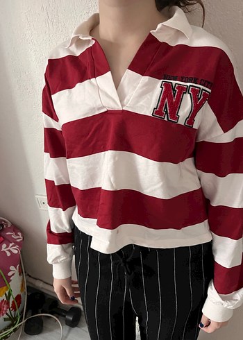 Koyu Kırmızı Çizgili V Yaka Pamuklu sweatshirt - Görsel 2