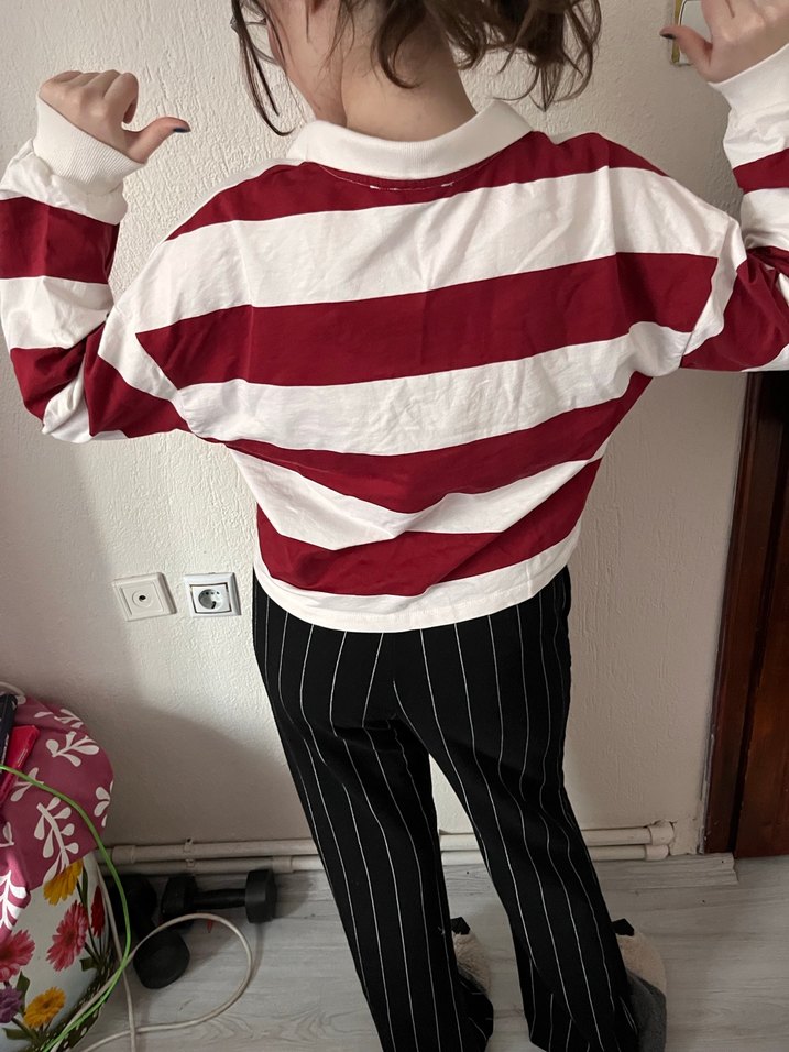 Koyu Kırmızı Çizgili V Yaka Pamuklu sweatshirt - Görsel 3