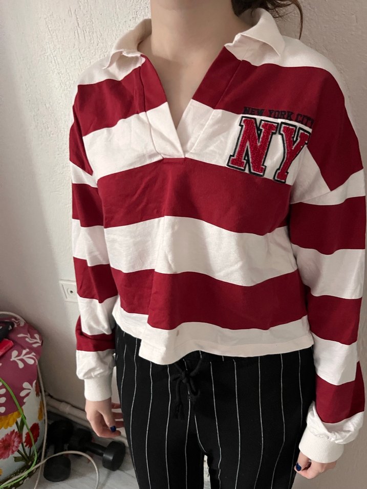 Koyu Kırmızı Çizgili V Yaka Pamuklu sweatshirt - Görsel 2