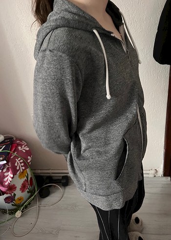 Gri Kapüşonlu Fermuarlı Sweatshirt H&M - Görsel 2