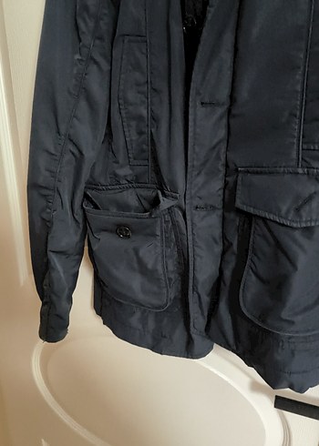Benetton Lacivert Denim Midi Ceket Kemerli