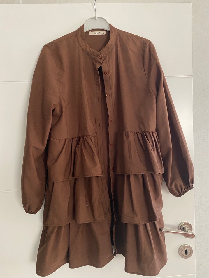 Düğmeli Kahverengi Keten Tunik - Görsel 2