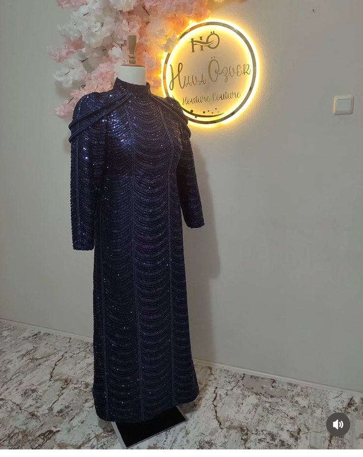 Kadın Lacivert Payetli Uzun Abiye Elbise - Görsel 2