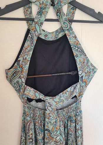36 Beden çeşitli Renk Şal Desenli Halter Yaka Maxi Elbise