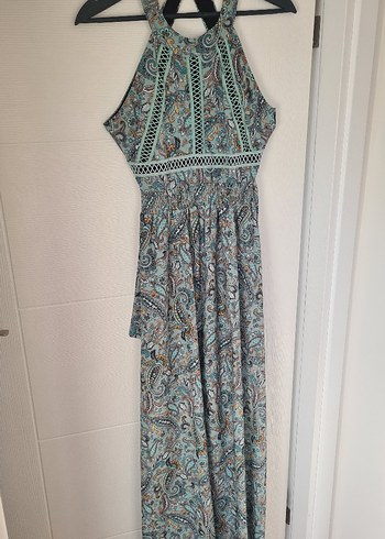 Şal Desenli Halter Yaka Maxi Elbise