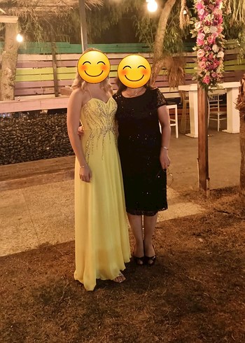 Abiye Sarı Boyundan Bağlamalı Uzun Abiye