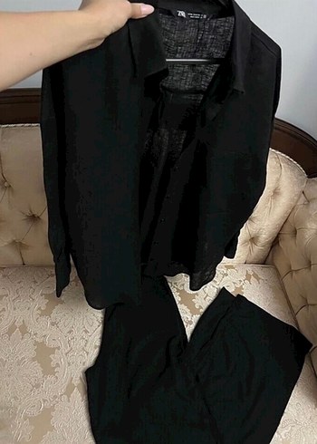 Zara Siyah Mini Keten Gömlek