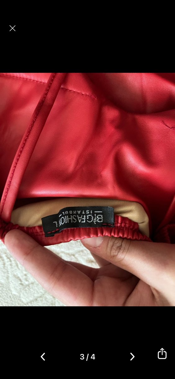 Kırmızı Tüylü eldivenli deri  Askılı Mini  Abiye Elbise - Görsel 4