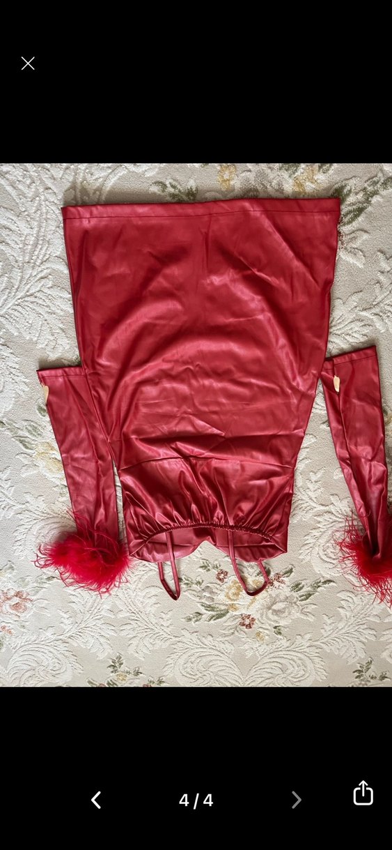 Kırmızı Tüylü eldivenli deri  Askılı Mini  Abiye Elbise - Görsel 3