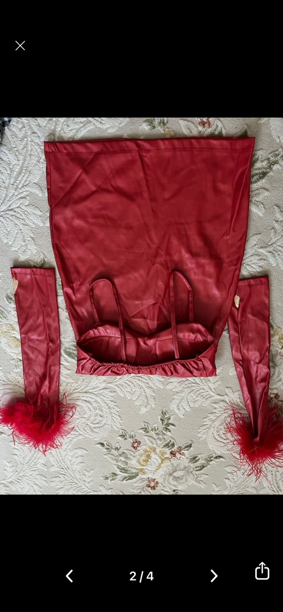 Kırmızı Tüylü eldivenli deri  Askılı Mini  Abiye Elbise - Görsel 2