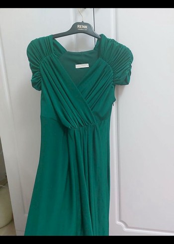 Klasik Yeşil Midi Elbise V Yaka Drapeli - Görsel 2