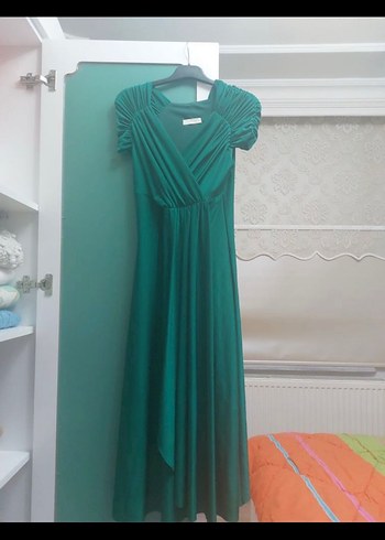 Klasik Yeşil Midi Elbise V Yaka Drapeli - Görsel 3