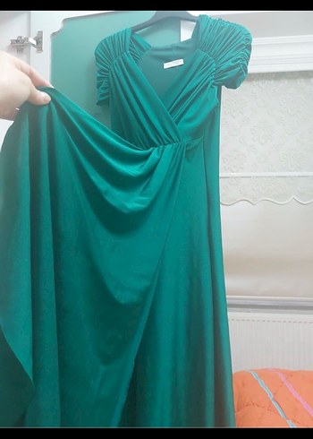 Klasik Yeşil Midi Elbise V Yaka Drapeli - Görsel 4