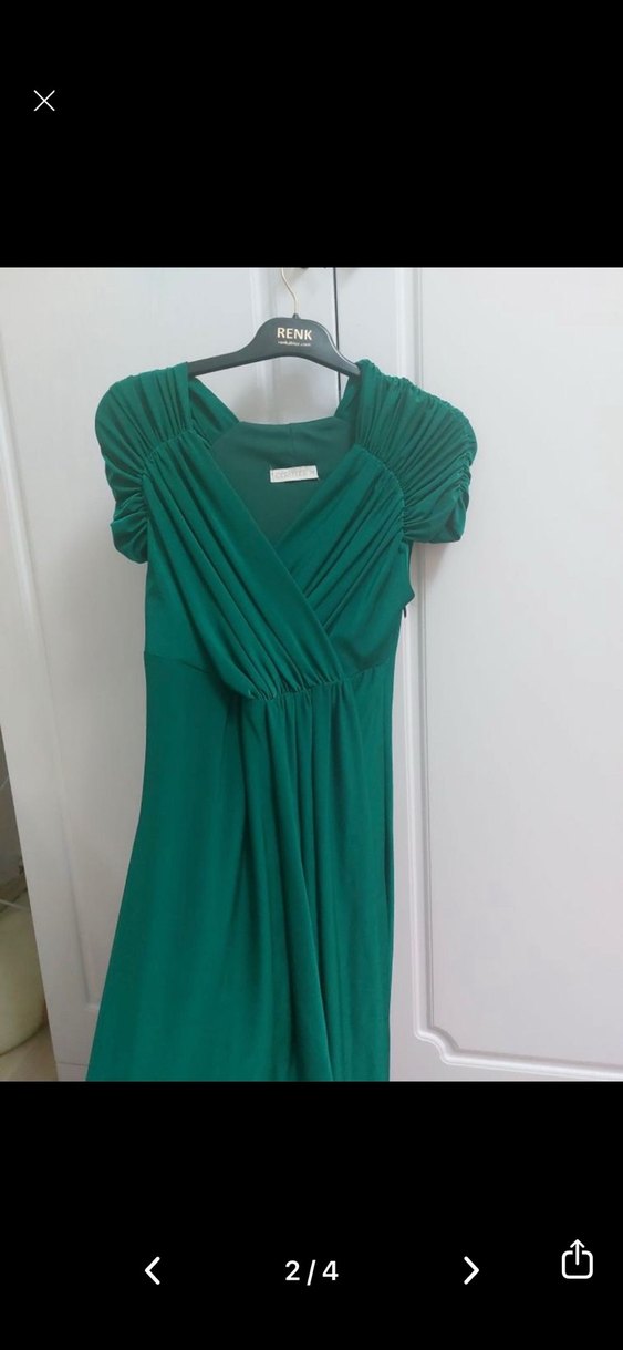 Klasik Yeşil Midi Elbise V Yaka Drapeli - Görsel 2