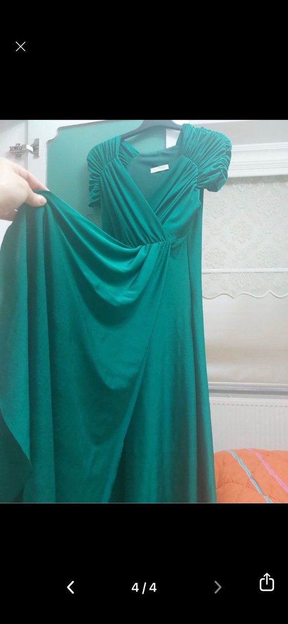 Klasik Yeşil Midi Elbise V Yaka Drapeli - Görsel 4