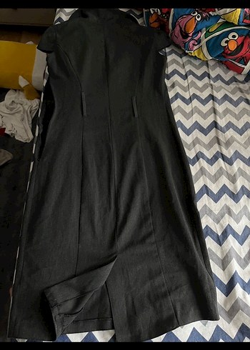 Gri Düğmeli Kolsuz Uzun Kot elbise vintage ofis - Görsel 3