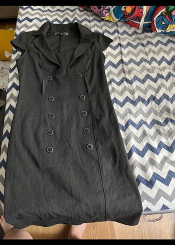 Gri Düğmeli Kolsuz Uzun Kot elbise vintage ofis - Görsel 2