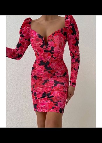 Uzun Kollu V Yaka Pembe Çiçekli Kalem Elbise - Görsel 2