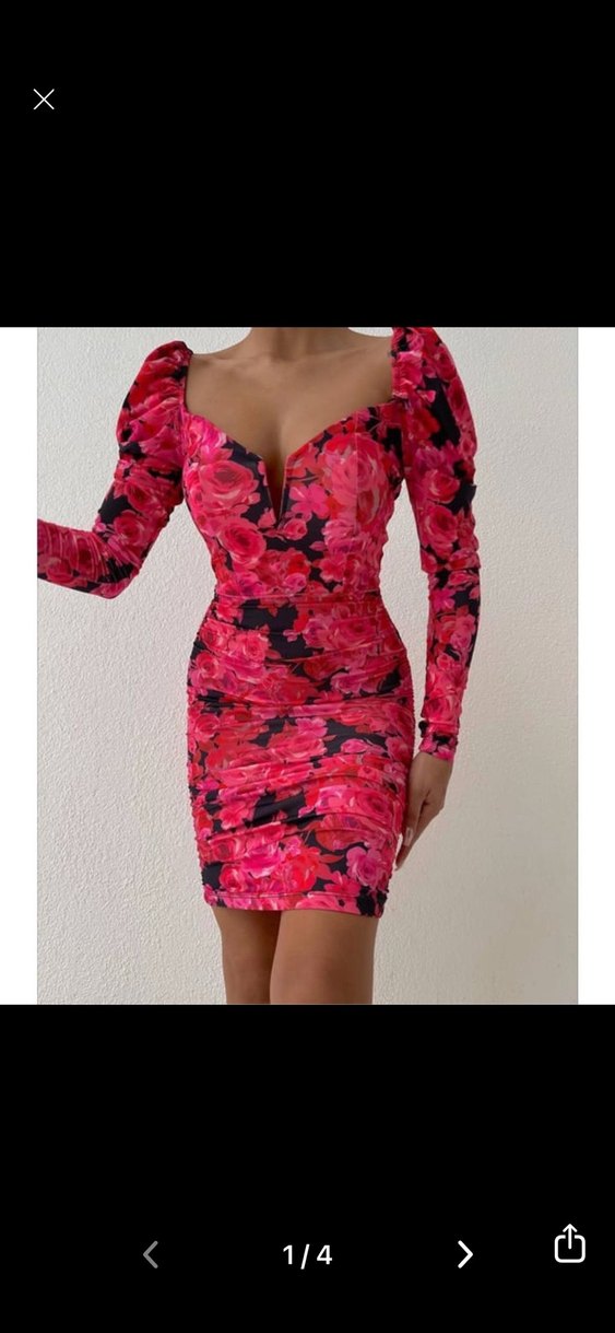 Uzun Kollu V Yaka Pembe Çiçekli Kalem Elbise - Görsel 2