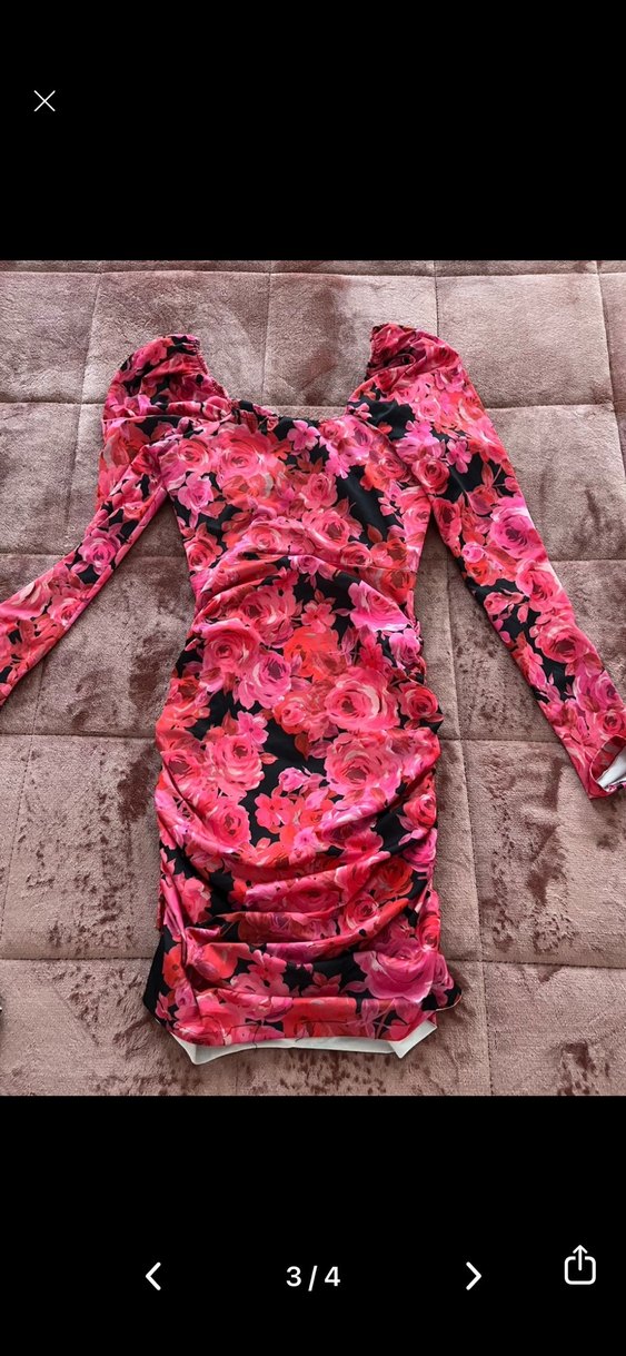 Uzun Kollu V Yaka Pembe Çiçekli Kalem Elbise - Görsel 4