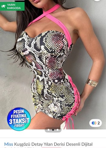Pembe Yılan Derisi seksi Desenli Mini Elbise - Görsel 2