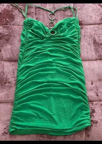 Yeşil Drapeli Mini Straplez Elbise - Görsel 2