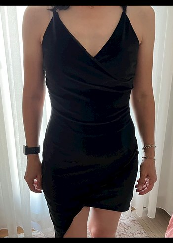 Siyah Drapeli Saten Mini Elbise - Görsel 2