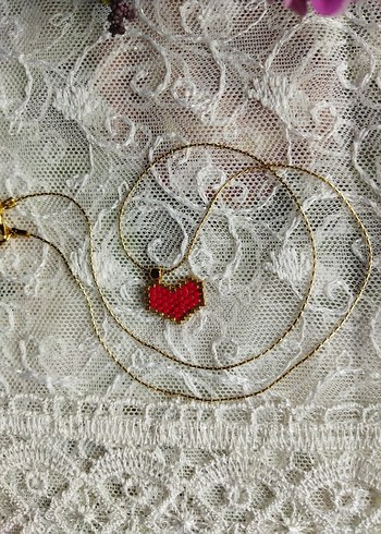 Nakışlı Miyuki Boncuklu Kırmızı Kalp Kolye - Görsel 2