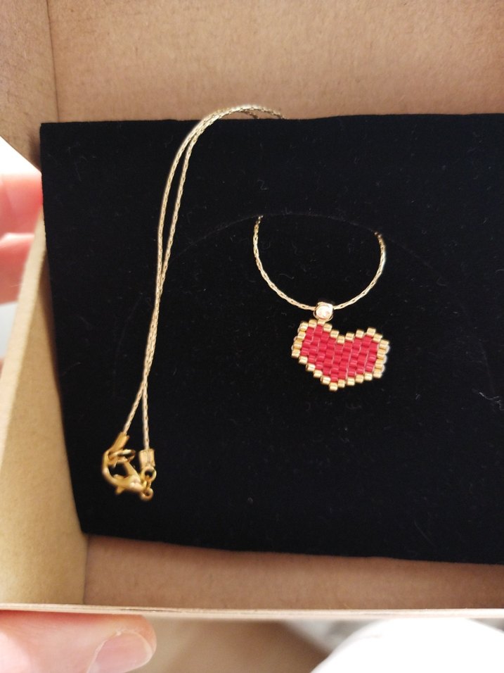 Nakışlı Miyuki Boncuklu Kırmızı Kalp Kolye - Görsel 4