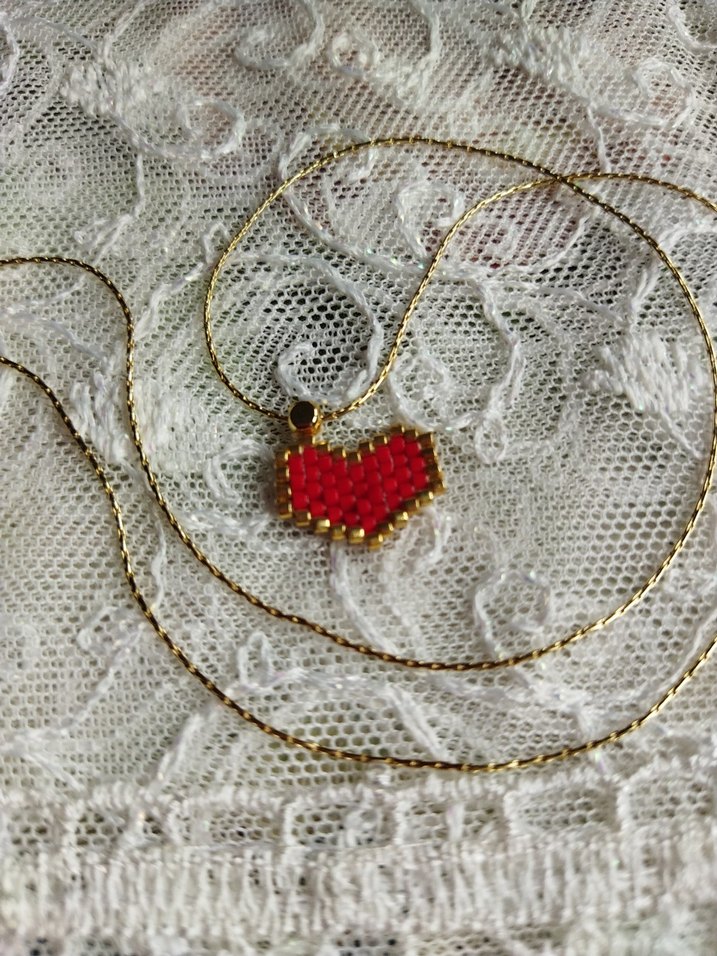 Nakışlı Miyuki Boncuklu Kırmızı Kalp Kolye - Görsel 3