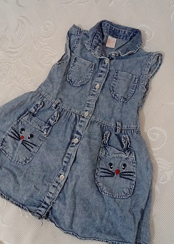 24-36 Ay Beden Nakışlı Düğmeli Kız Kot Elbise