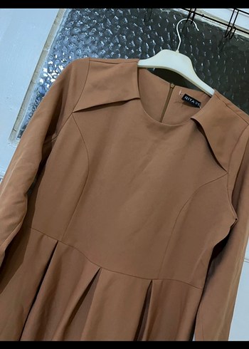 xl Beden camel Renk Bej Uzun Kollu Keten Elbise