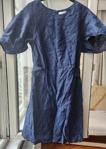 Roman Mavi Keten Elbise - Görsel 5