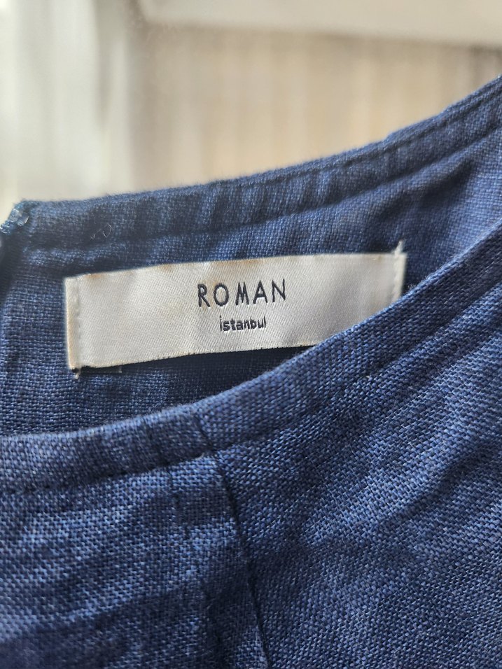 Roman Mavi Keten Elbise - Görsel 4