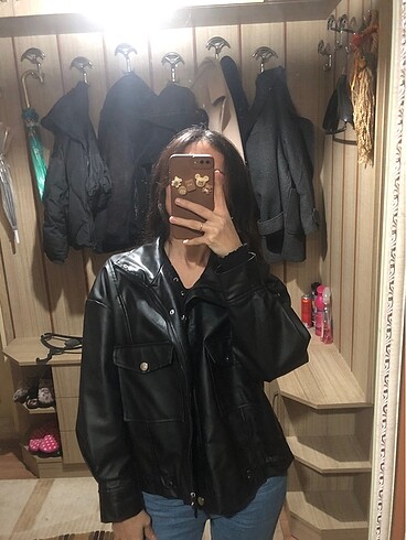 Siyah deri oversize ceket