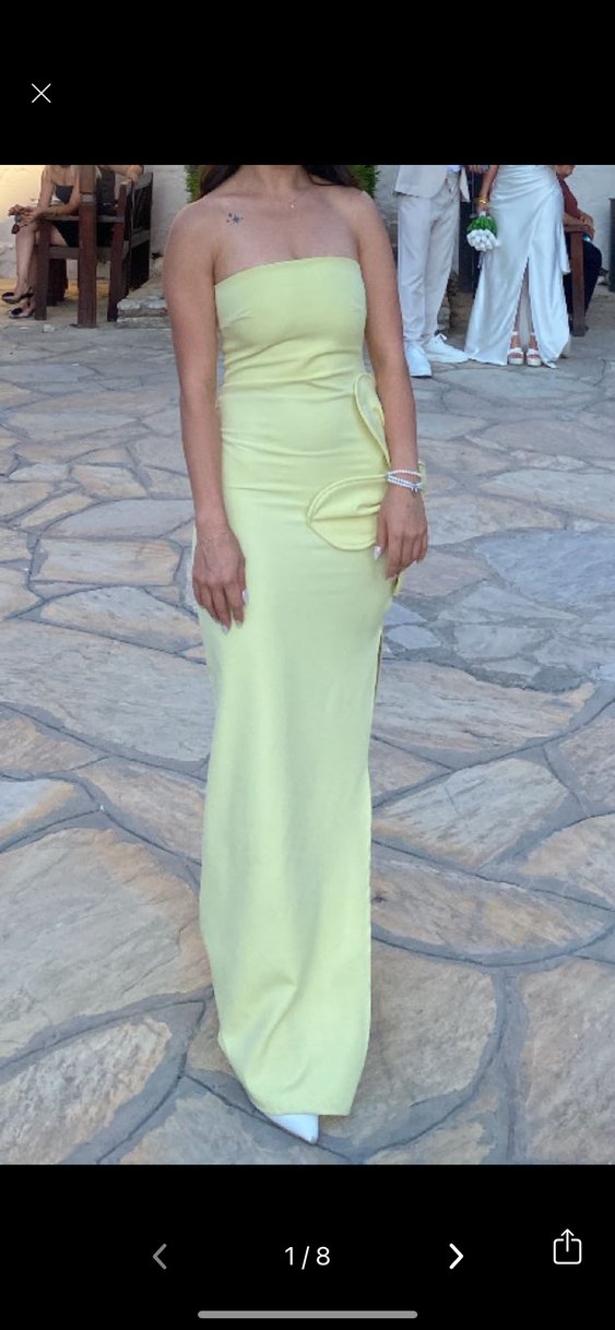 Sarı Straplez Uzun Elbise Çiçek Detaylı - Görsel 4