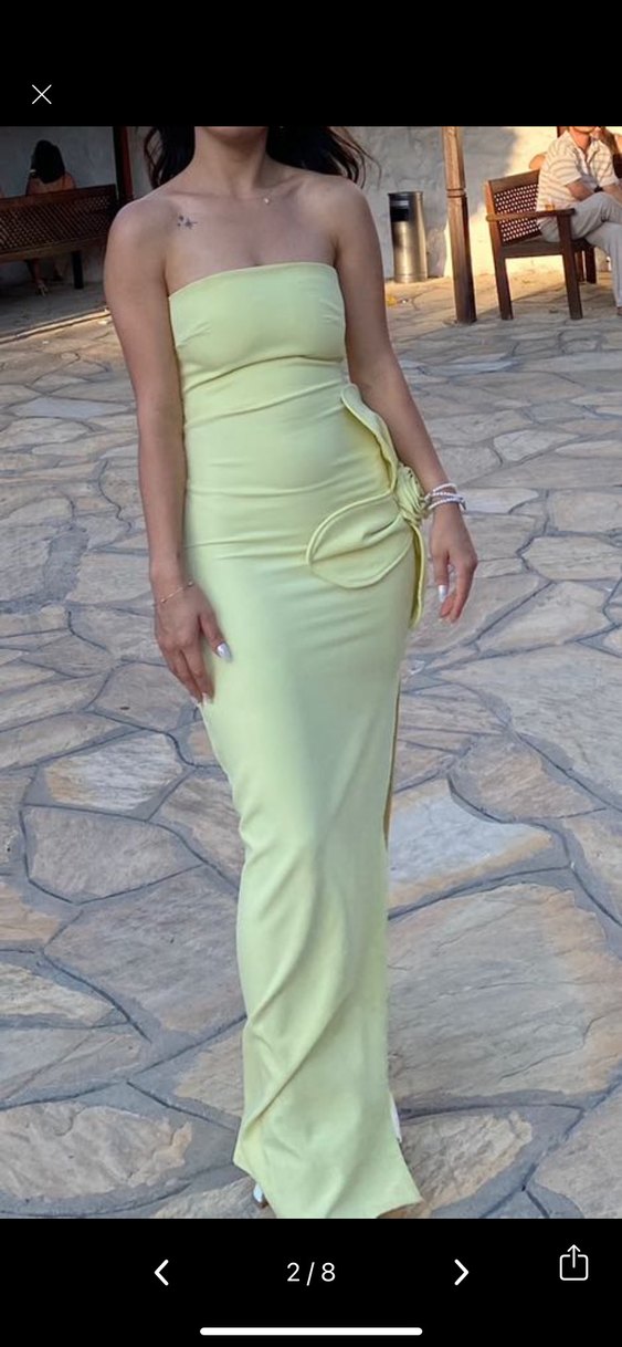 Sarı Straplez Uzun Elbise Çiçek Detaylı - Görsel 3