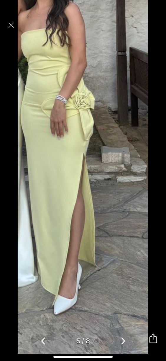 Sarı Straplez Uzun Elbise Çiçek Detaylı - Görsel 2