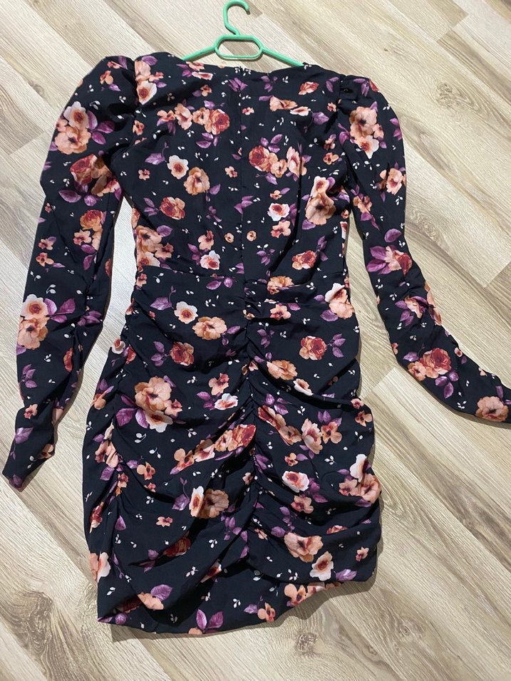 Çiçek Desenli Mini Drapeli Elbise - Görsel 2