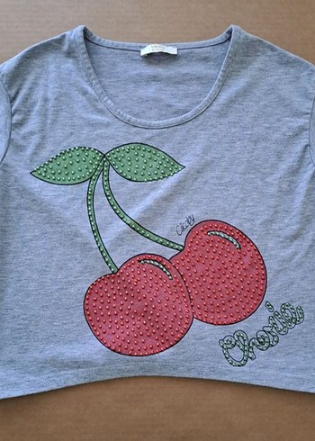 Çikoby, kiraz desenli gri Tshirt