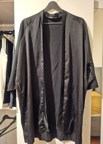 Siyah Kadın Midi Kimono sabahlık Kısa Kollu, Salaş Kesim