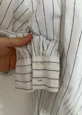 LC Waikiki Gri Çizgili Kadın Keten Gömlek