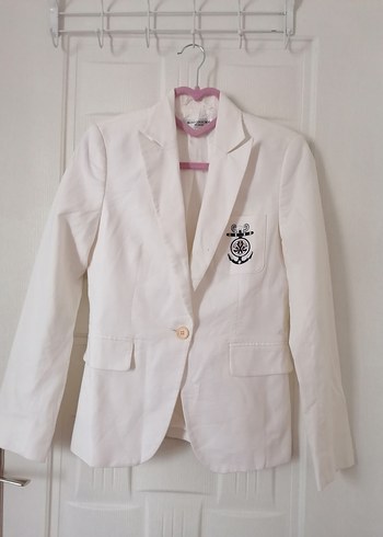 Beyaz Pamuklu Düğmeli Kadın Blazer Ceket