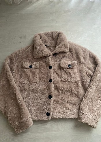 Düğmeli Bej Kadın Midi Peluş Ceket L beden