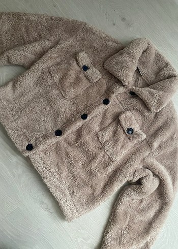 Diğer Düğmeli Bej Kadın Midi Peluş Ceket L beden