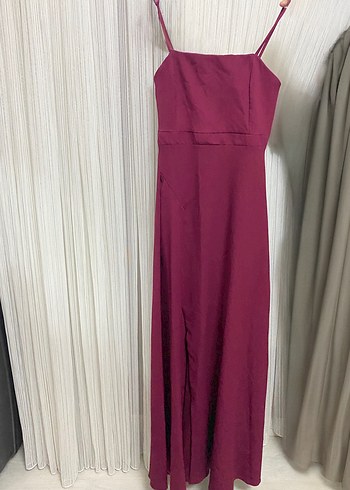 Bordo Uzun İp Askılı yırtmaçlı abiye Elbise