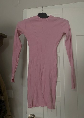 Pembe Uzun Kollu Mini Triko Elbise