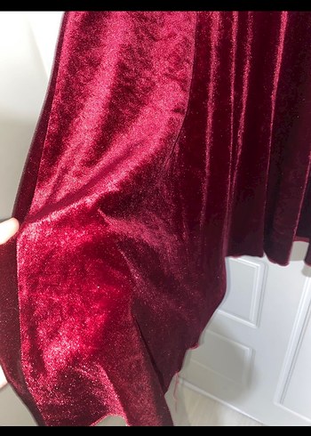 Bordo Midi Kadife Elbise, Kısa Kollu, V Yaka - Görsel 2